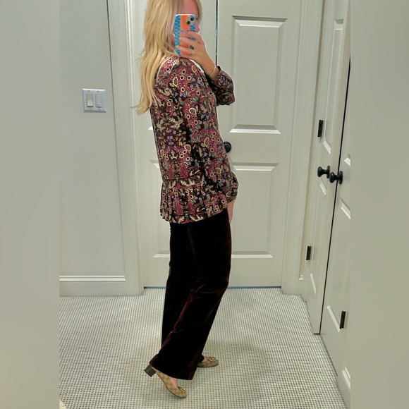 Maeve Anthropologie Burgundy Multicolor Floral Ruffle Hem Blouse Women Sz 4 - Picture 6 of 9